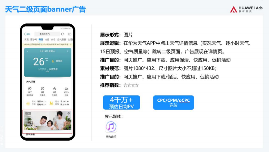 在华为天气App中点击天气详情信息(实况天气、逐小时天气、15日预报、空气质量等)跳转二级页面,广告展现在详情页。 在华为天气App中点击天气详情信息(实况天气、逐小时天气、15日预报、空气质量等)跳转二级页面,广告展现在详情页。