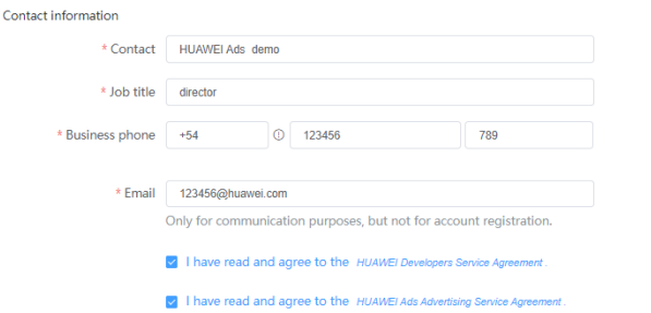 此处的电话不作为HUAWEI Ads账户登录凭证。 此处的电话不作为HUAWEI Ads账户登录凭证。